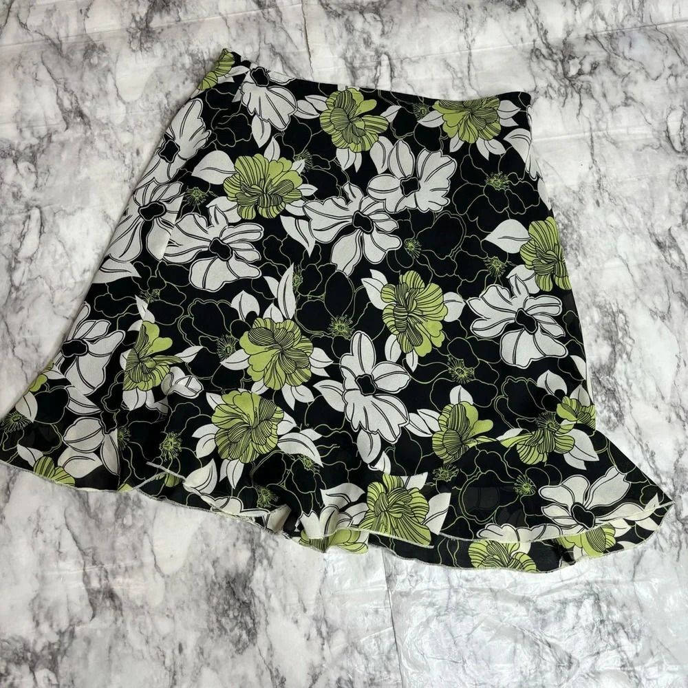 Vintage 90s Worthington Petite Floral Print flower Skirt Green black size 12P